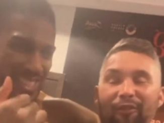 Behind the scenes of Anthony Joshua’s celebrations as he jokes around with Derek Chisora after triumphing over Otto Wallin in Riyadh – as the pair encourage Tony Bellew to rap for them in a hilarious moment on camera