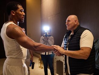 Anthony Joshua and John Fury share warm embrace after meeting in Riyadh ahead of the Brit’s bout with Francis Ngannou… as ‘AJ’ welcomes Tyson Fury’s father to the ‘land of the giants’ ahead of huge Saudi clash